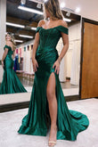 Elegant Mermaid Off-the-Shoulder Dark Green Satin Long Prom Dress with Lace