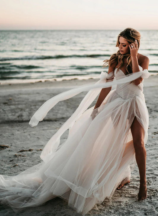 Elysia | Fairy A-Line Sweetheart Tulle Long Beach Wedding Dress