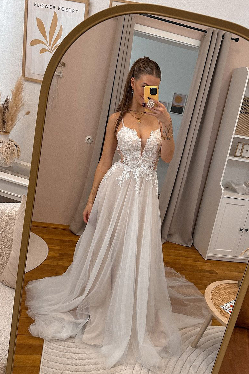 Elara | Fairy A-Line V-Neck Tulle Wedding Dress with Appliques
