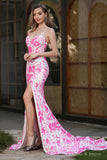 Selene | Elegant Mermaid White Satin and Pink  Appliques Spagherri Straps Sweetheart Neck Prom Dress with Slit JB121112