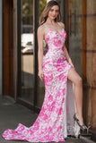 Selene | Elegant Mermaid White Satin and Pink  Appliques Spagherri Straps Sweetheart Neck Prom Dress with Slit JB121112