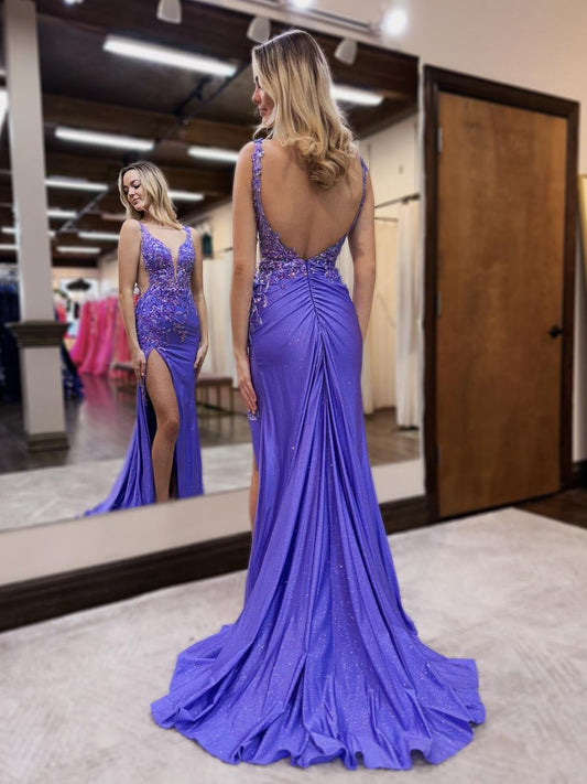 Elegant Mermaid V-Neck Purple Satin Long Prom Dress with Beading