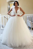 White A-Line Tulle Prom Dress with Plunge V-Neck and Tiered Skirt