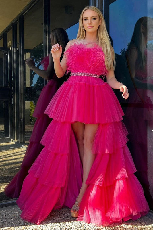 Marie | Fuchsia A-Line High-Low Strapless Ruffled Tulle Prom Dress with Feathers