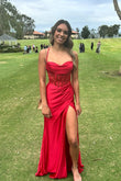 Scarlett | Charming Mermaid Sweetheart Red Satin Long Prom Dress with Appliques