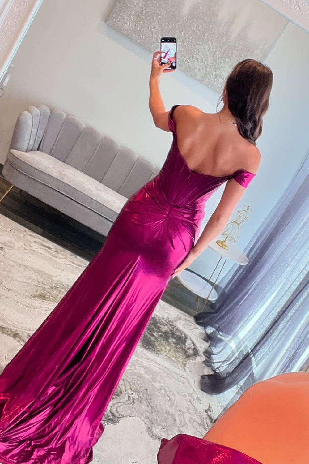 Viviana | Charming Mermaid Off-the-Shoulder Fuchsia Satin Long Prom Dress with Slit