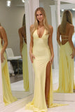 Charming Mermaid Deep V-Neck Yellow Elastic Satin Long Prom Dress with Slit