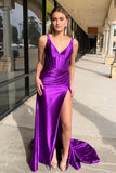 Lara | Gorgeous Grape Mermaid Satin V-Neck Long Prom Dress with Slit