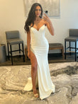 Sophisticated White Strapless V-Neck Long Prom Dress with Slit