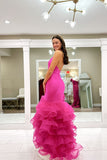 Charming Mermaid V Neck Pink Organza Long Prom Dresses