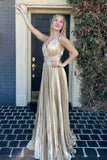 Barbara | Gold Pleated Plunging V-Neck Long Prom Dress