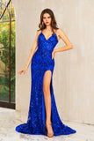 Gianna | Sapphire Blue Mermaid Sequins Spaghetti Straps Illusion Bodycon Prom Dress with Slit JB113006