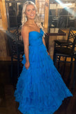 Aveline | Cute A-Line Sweetheart Blue Chiffon Tiered Long Prom Dress