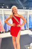 Elysia | Cute Bodycon One Shoulder Red Sequins Short Homecoming Dress with Beading