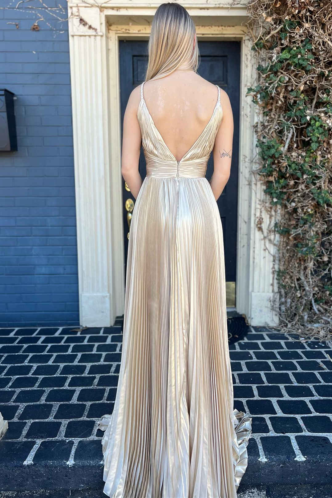 Barbara | Gold Pleated Plunging V-Neck Long Prom Dress