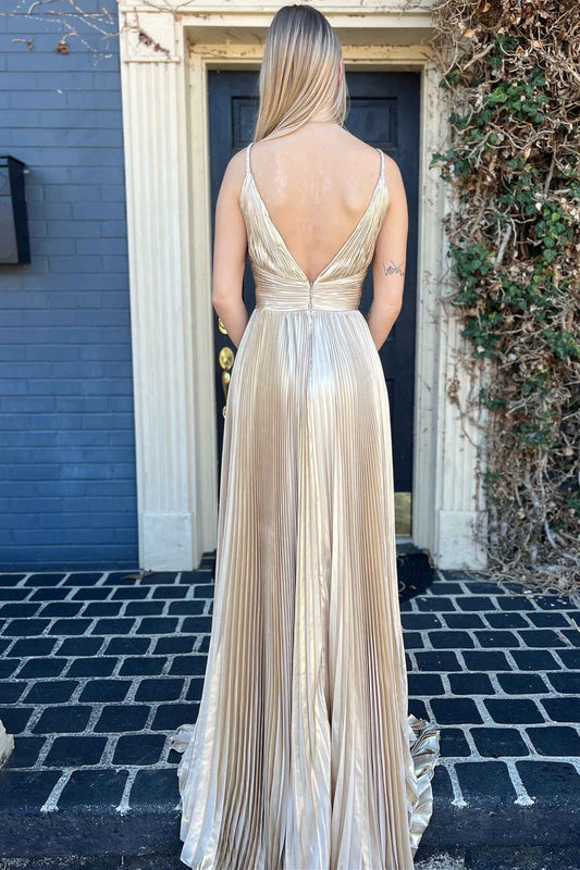 Barbara | Gold Pleated Plunging V-Neck Long Prom Dress