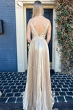 Barbara | Gold Pleated Plunging V-Neck Long Prom Dress