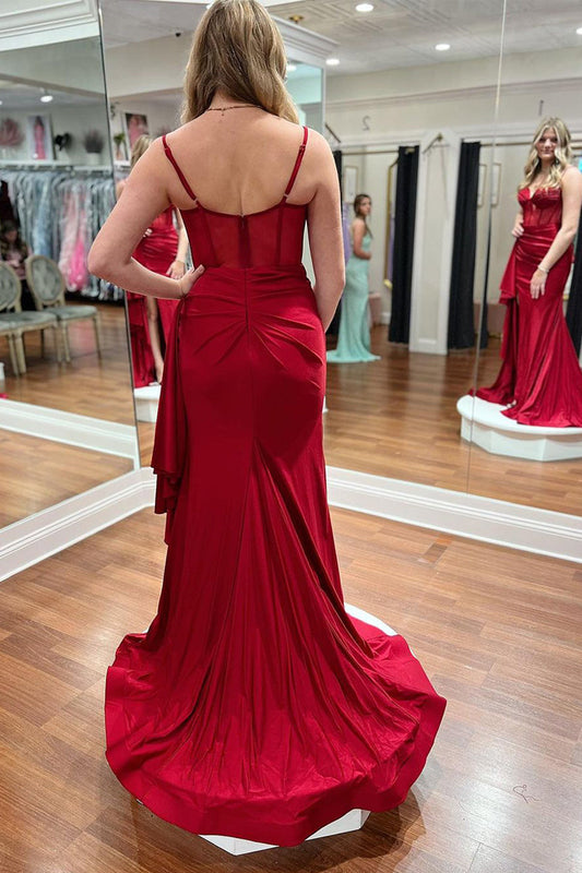 Dark Red Sweetheart Satin Mermaid Prom Dress with Slit