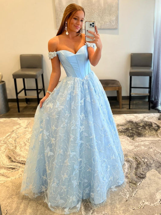 Anaya |A Line Off the Shoulder Satin Lace Prom Dress