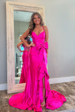 Sophia | Cute Mermaid V-Neck Pink Satin Long Prom Dress with Bow