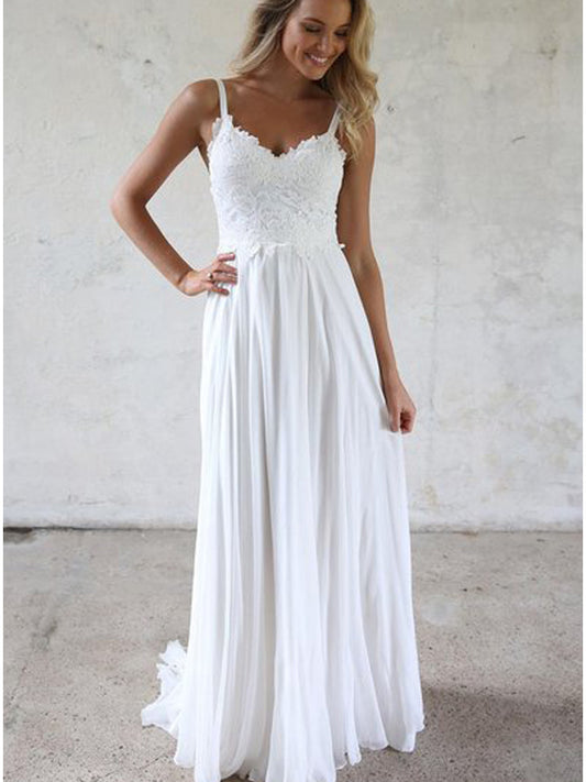 Viviana | Glamorous White Sheath Chiffon Spaghetti Straps Sweetheart Neck Prom Dress with Lace JB121111