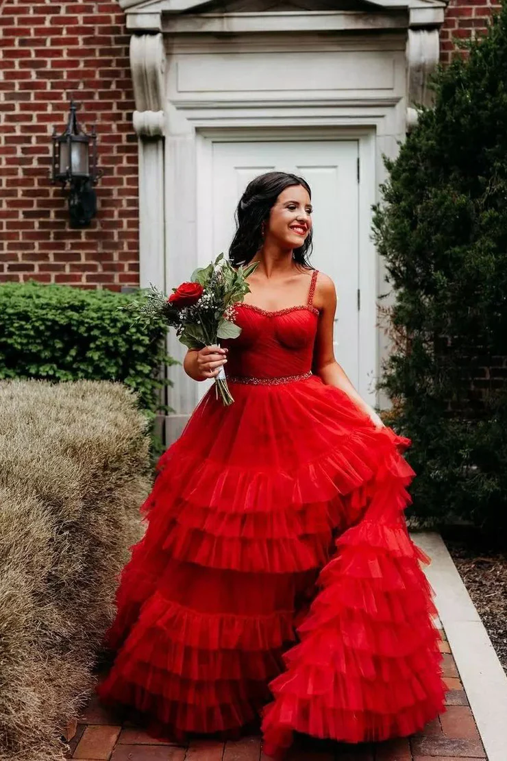 A-line Tiered Ruffle Sweetheart Beaded Long Prom Dress