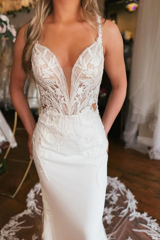 Ava | Elegant Mermaid V-Neck Satin Long Beach Wedding Dress with Lace