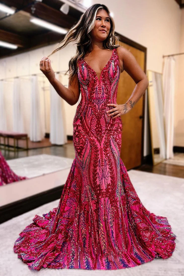 Charming Mermaid Fuchsia Sequins Lace Long Prom Dresses