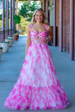 Cute A Line Sweetheart Pink Printed Chiffon Long Prom Dresses