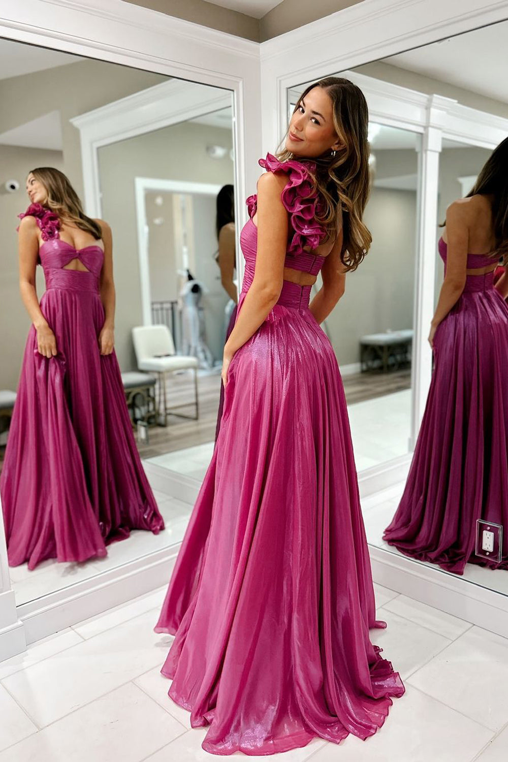 Cute A Line One Shoulder Fuchsia Sparkly Satin Long Prom Dress with Slit