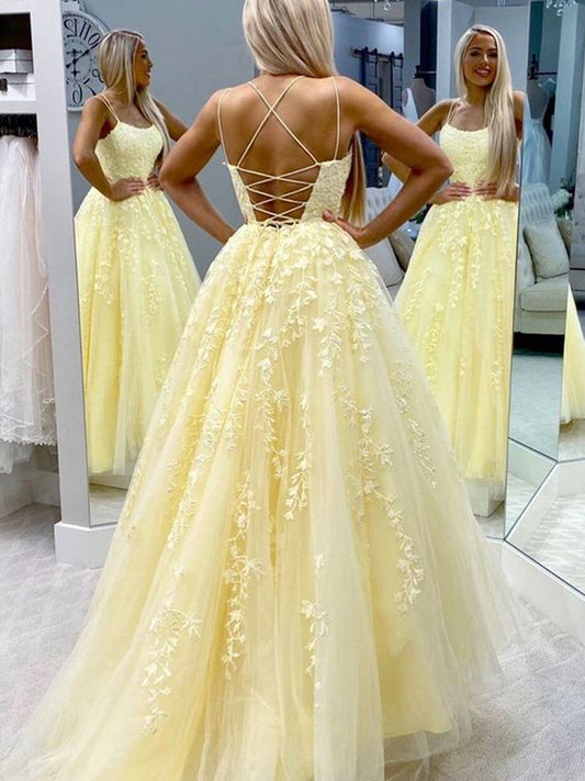 Viviana | Elegant Light Yellow A line Tulle Spaghetti Straps Boat Neck Prom Dress with Lace JB121109