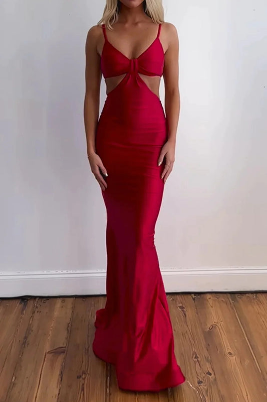 Scarlett | Elegant Red Mermaid Satin V-Neck Prom Dress with Hollow Back JB120321