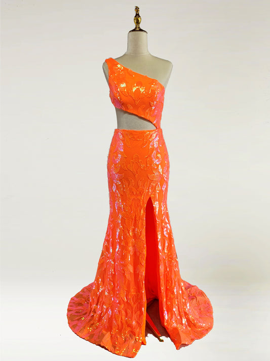 Valencia | Elegant Orange Mermaid Sequins One-Shoulder Prom Dress with Slit JB120303