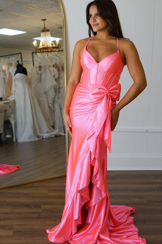 Rosalie | Cute Mermaid V-Neck Pink Satin Long Prom Dress with Bow