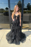 Sophisticated A-Line Black Tulle V-Neck Prom Dress with Sparkly Appliques