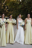 Chic A-Line Satin Daffodi Long Bridesmaid Dresses with Slit