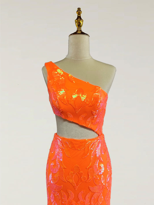 Valencia | Elegant Orange Mermaid Sequins One-Shoulder Prom Dress with Slit JB120303