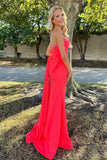 Allure | Charming Mermaid Strapless Red Satin Prom Dress with Beading and Slit