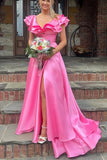 Romantic V-neck and A-Line Satin Prom Dress with Slit