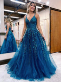 Veronica | A-Line Ink Blue Glitter Tulle Lace Prom Dress