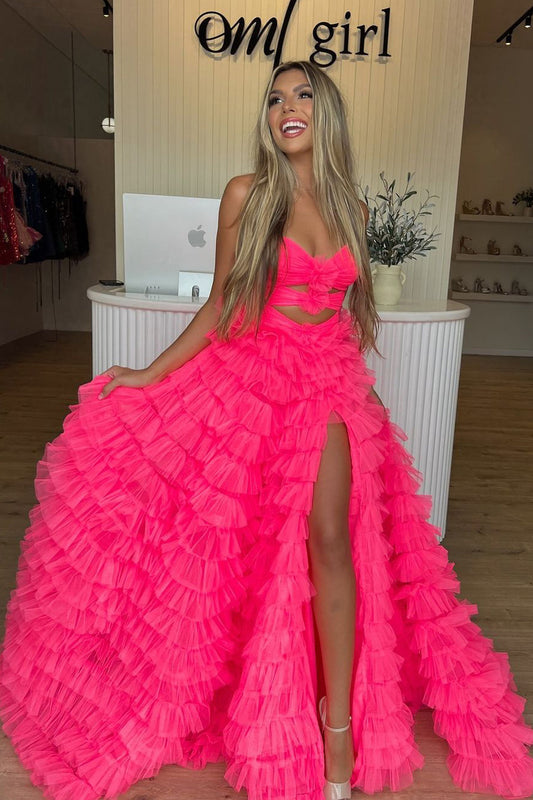 Isabella | Cute A-Line Sweetheart Pink Tulle Long Prom Dress with Slit