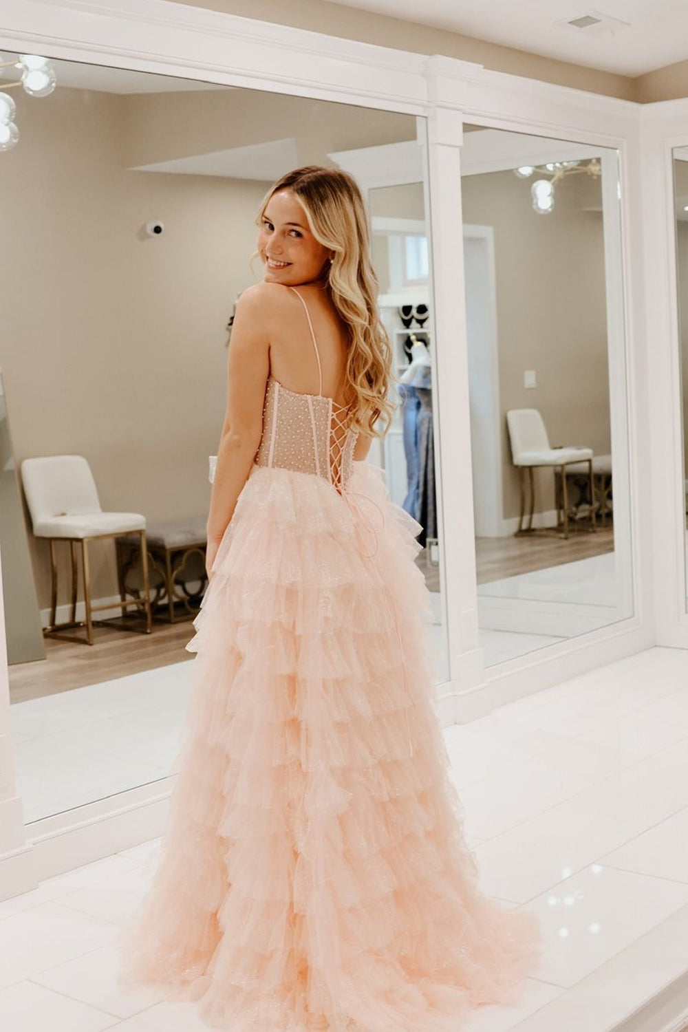 Cute A-Line Sweetheart Blush Sparkly Pink Tiered Tulle Long Prom Dress