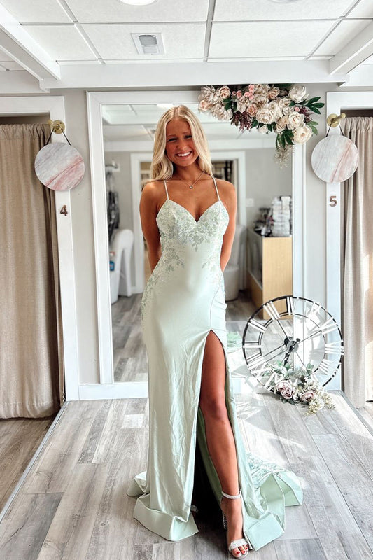 Minty | Cute Mermaid V-Neck Light Green Satin Long Prom Dress with Beading