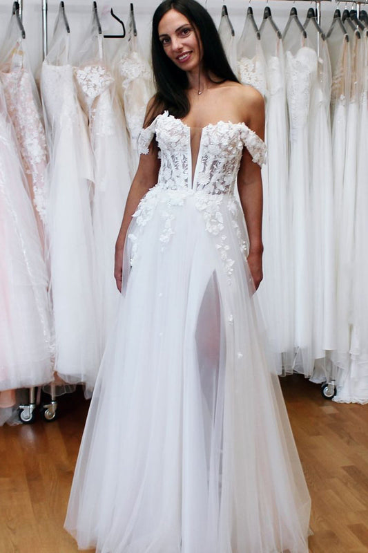 Elysia | Fairy A-Line Off-the-Shoulder Tulle Long Wedding Dress with Appliques