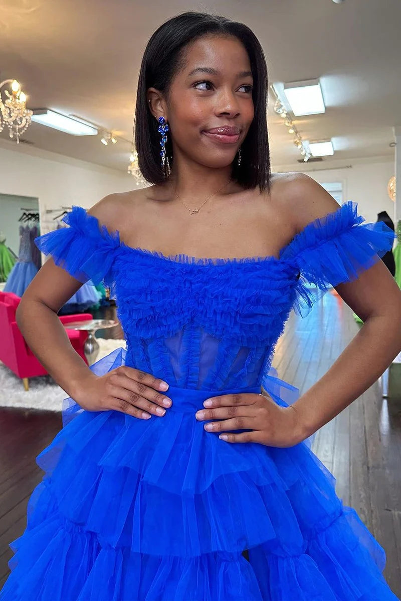 Adalynn | Royal Blue Off-the-Shoulder Ruffle Tiered Tulle Long Prom Dress with Slit