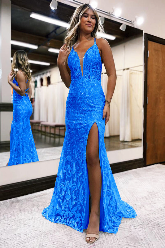 Charming Mermaid V-Neck Blue Sequins Lace Long Prom Dress with Slit