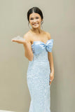 Bella | Cute Mermaid Sweetheart Light Blue Lace Prom Dress with Bow