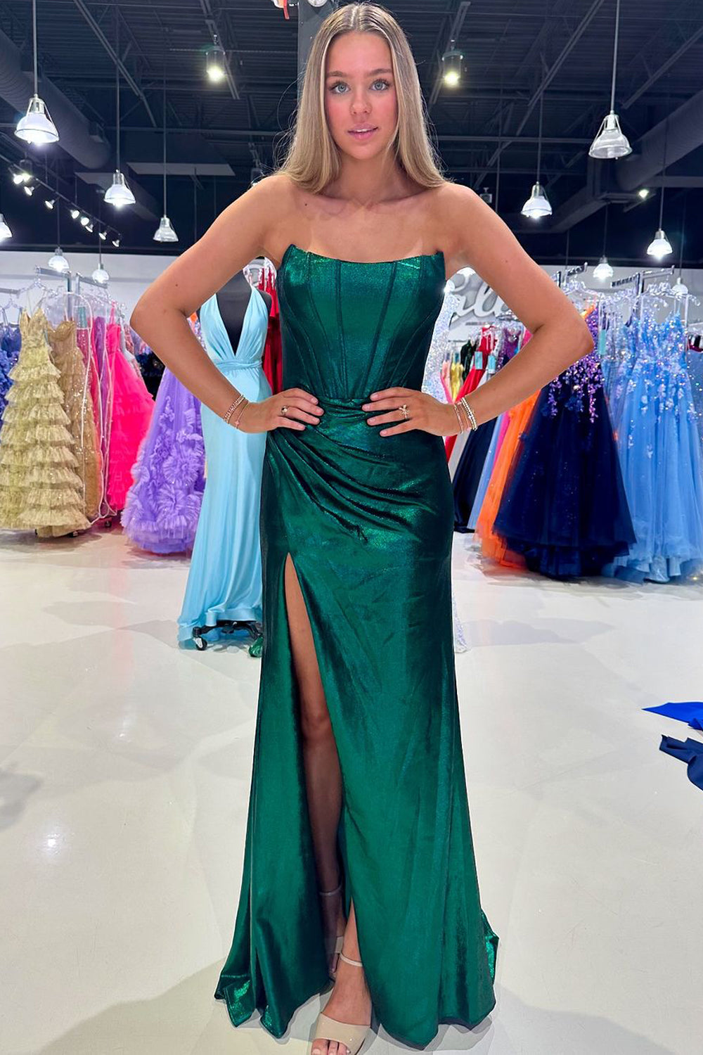 Elena | Charming Mermaid Strapless Green Satin Long Prom Dress