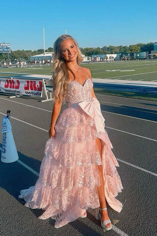 Cute A-Line V-Neck Blush Pink Sequins Tiered Long Prom Dress with Bow