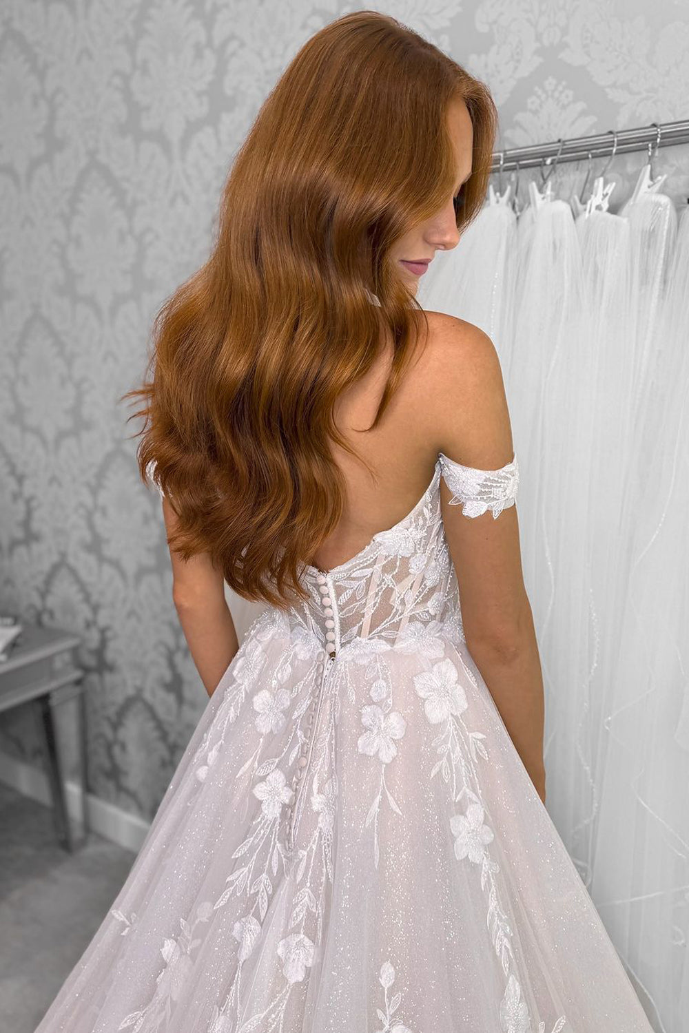 Fairy A-Line Off-the-Shoulder Lace Tulle Bridal Dress with Appliques